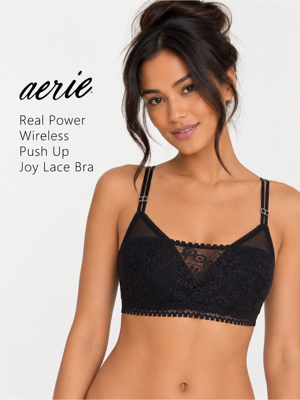 Aerie Real Power Wireless Push Up Joy Lace Bra Black 34D